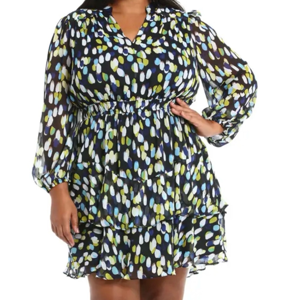 London Times Yuryu Long Sleeve Fit & Flare Dress Black & Blue Yellow Size 14W